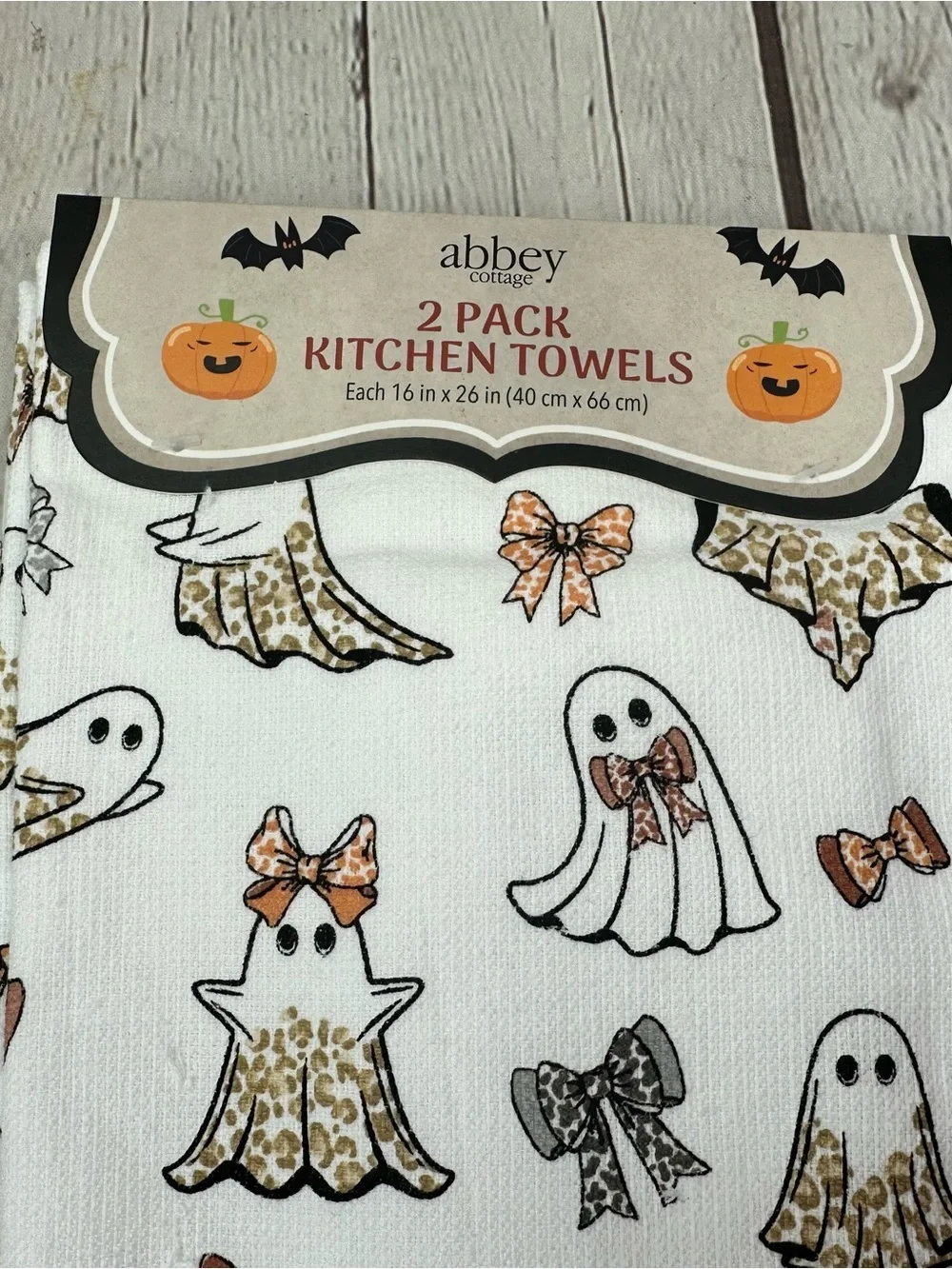 NWT abbey cottage Halloween Ghost Kitchen Towel 2pk leopard print bows spooky